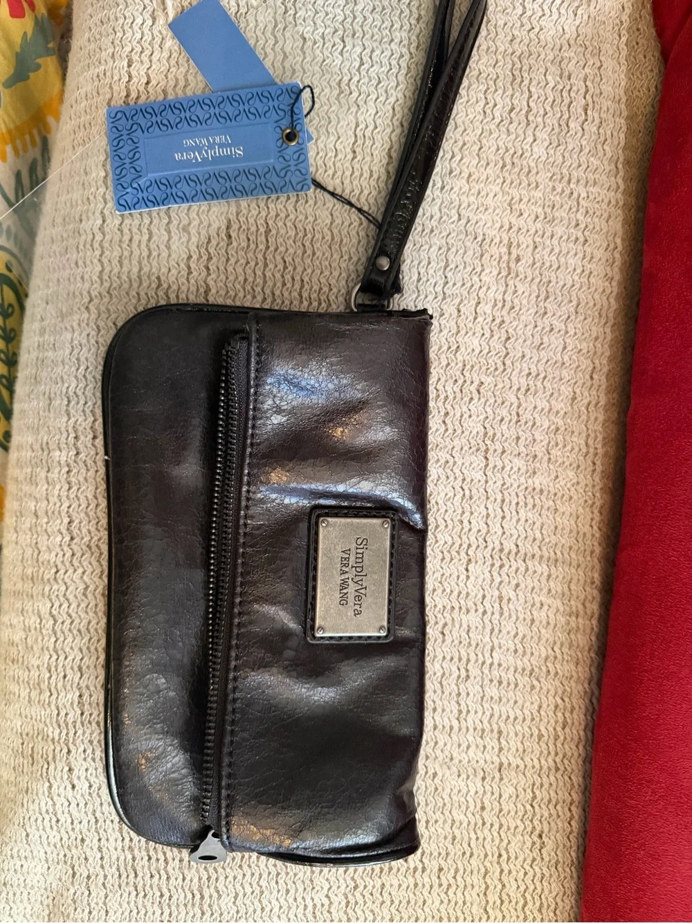 Simply Vera Vera Wang Black Leather Wristlet Clutch with Front Zip Pocket